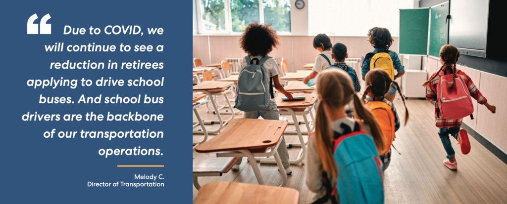 Students with backpacks in classroom alongside quote about COVID's impact on school bus driver recruitment from transportation director
