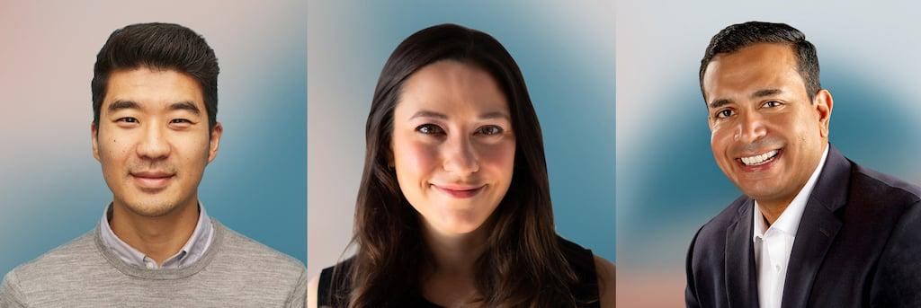 Three professional headshots of diverse team members against a blue gradient background