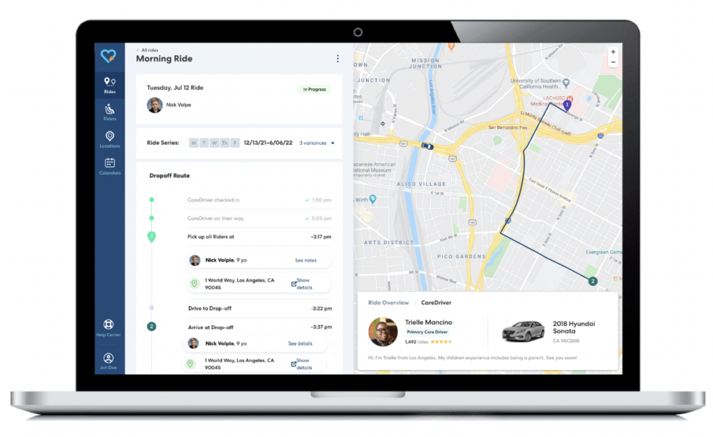 Desktop interface showing a rideshare driver management system with route planning, map navigation, and driver details