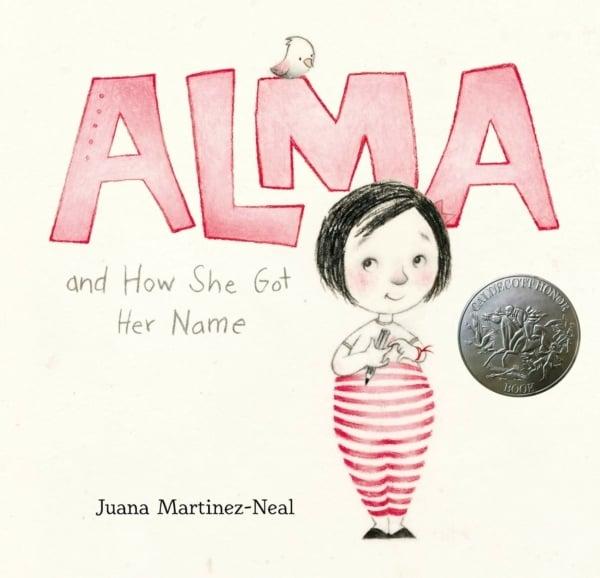Children's book cover showing title 'Alma and How She Got Her Name' with illustration of young girl in red striped outfit and small bird