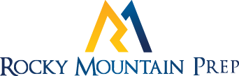 Stylized mountain peak logo in yellow and blue above text 'Rocky Mountain Prep' in navy blue serif font