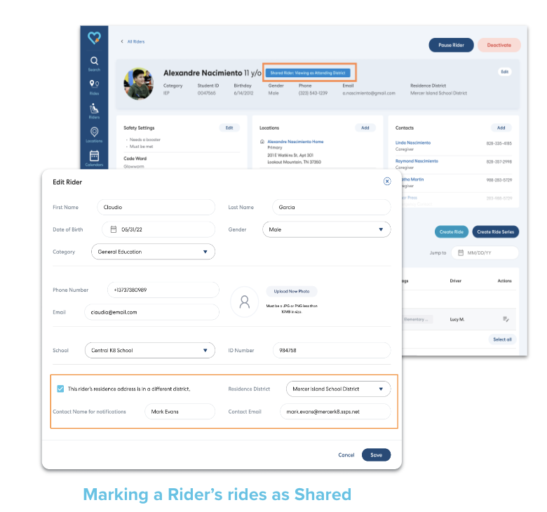 User interface showing an edit form for student transportation details with fields for personal information and residence district settings