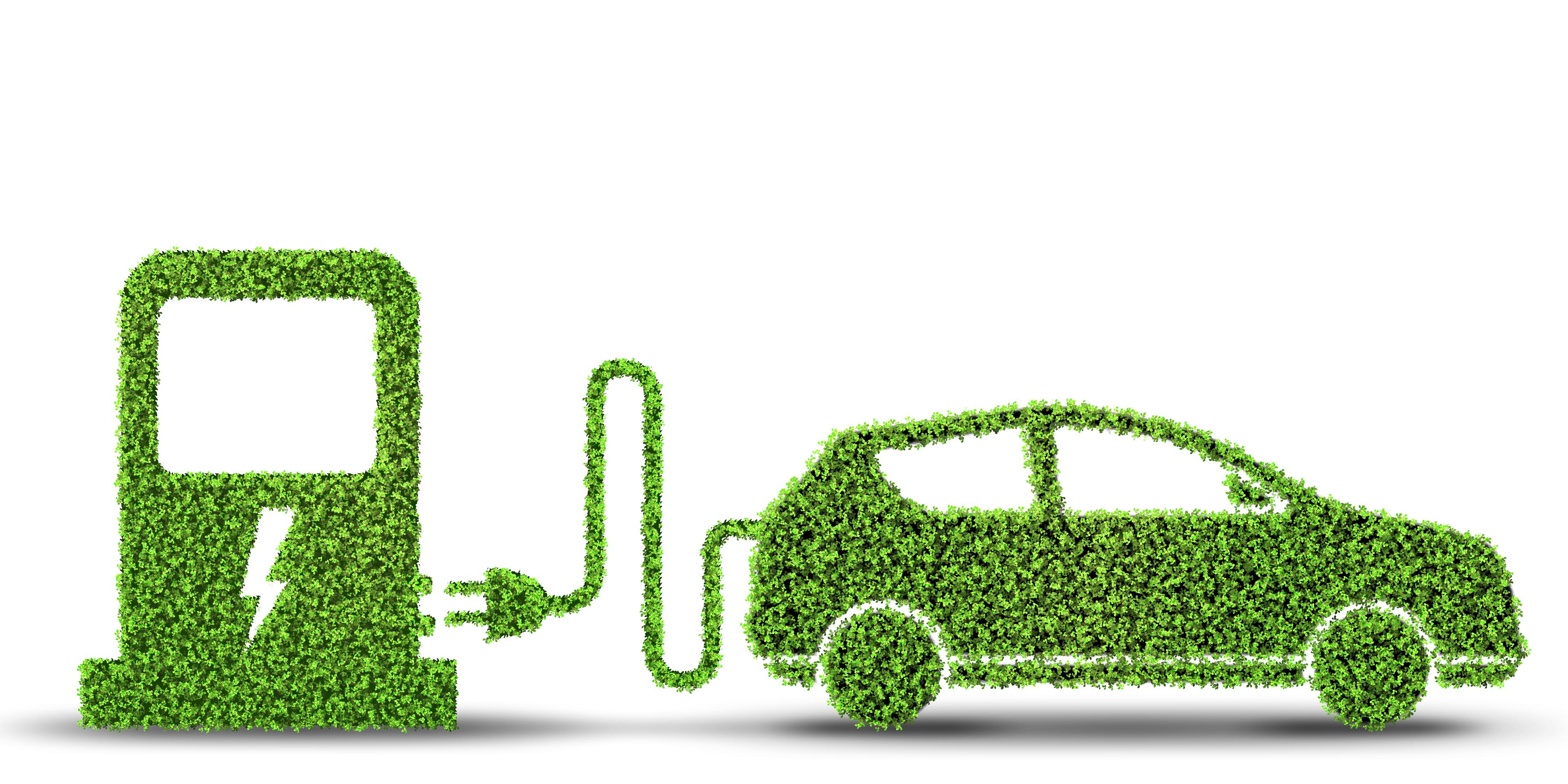 Green leaf-textured illustration of an electric vehicle connected to a charging station, symbolizing eco-friendly transportation
