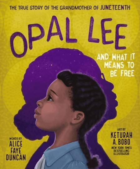 Book cover illustration featuring a profile view of a woman with a purple halo against a yellow background for 'The True Story of Opal Lee'