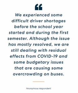 Quote about school bus driver shortages and COVID-19 impacts on transportation, presented as a text block with quotation marks