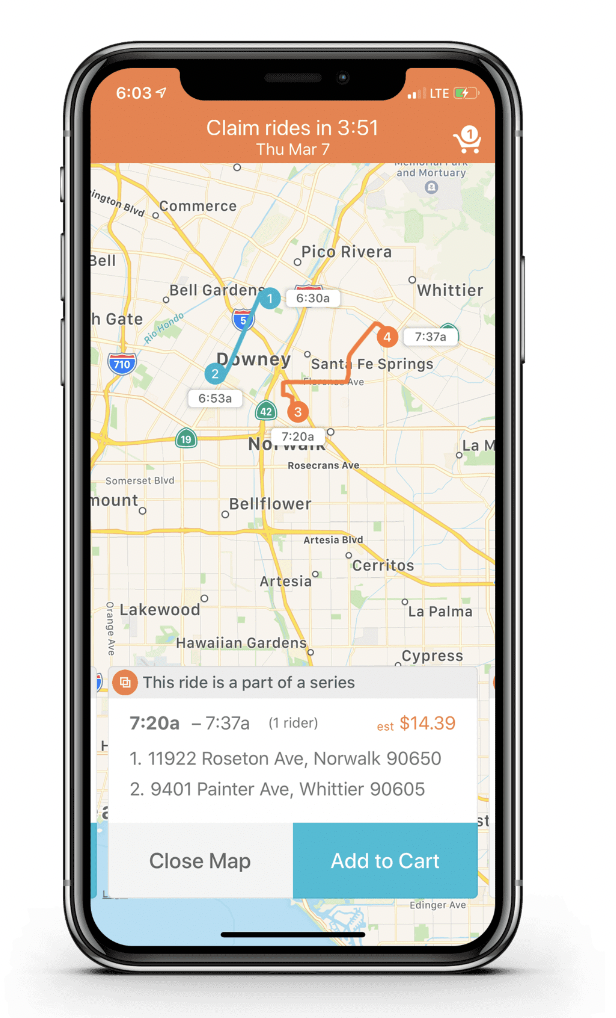 Mobile app interface showing a map of Downey and Norwalk area with multiple pickup locations and a ride series details panel