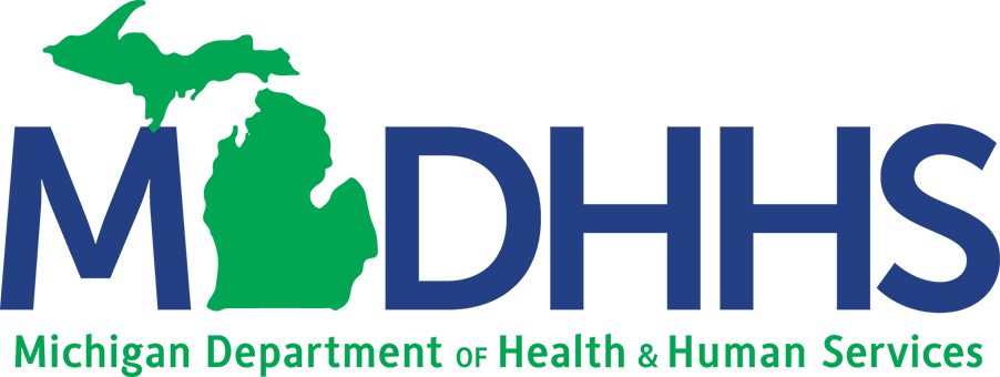 Official logo of MDHHS featuring Michigan state shape in green with blue text spelling MDHHS and full department name below