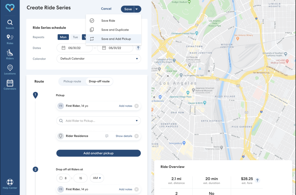 Transportation scheduling interface showing ride series creation with pickup/dropoff routes and Los Angeles map view