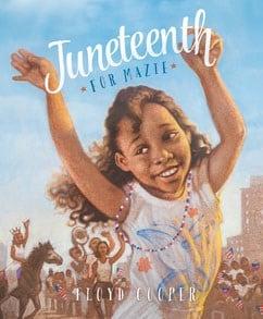Vibrant illustration of a joyful child with raised arms celebrating at a Juneteenth festival, with celebrants in the background